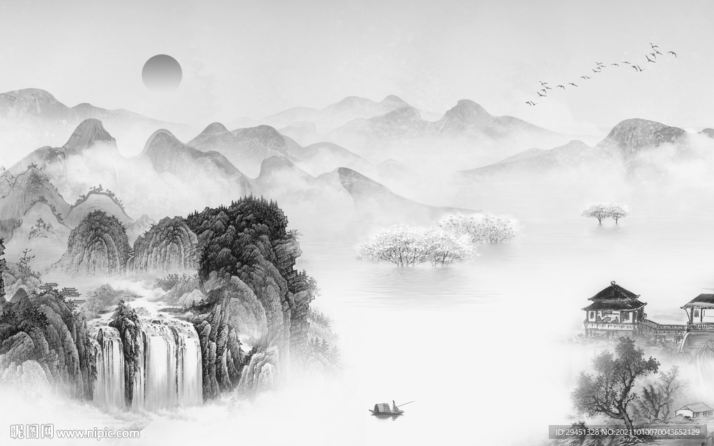 高清 灰色画山水图 tif分层