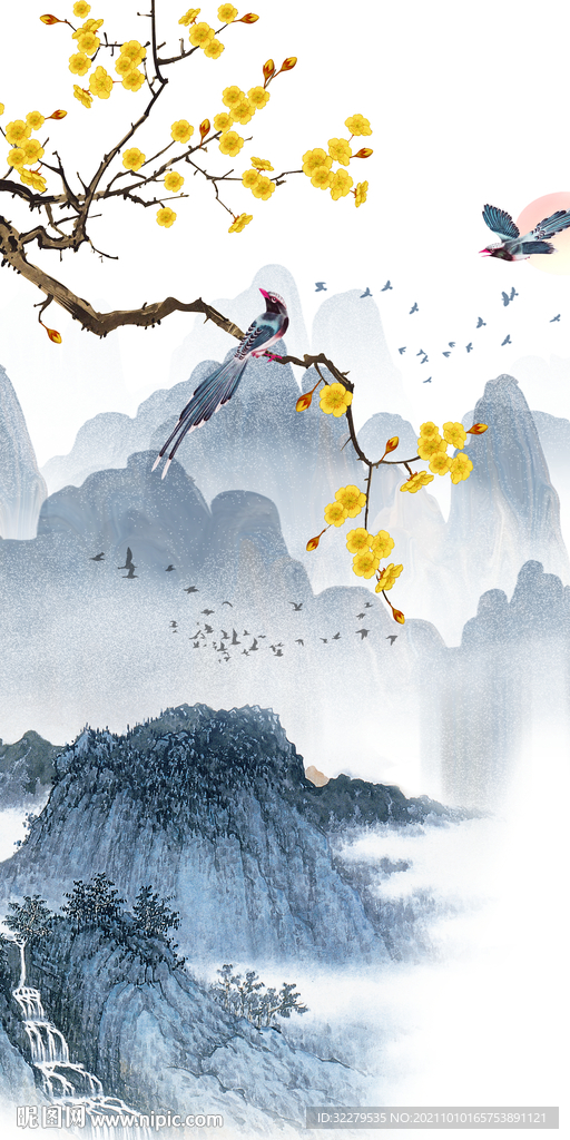 花鸟 家装山水玄关 文件分层画