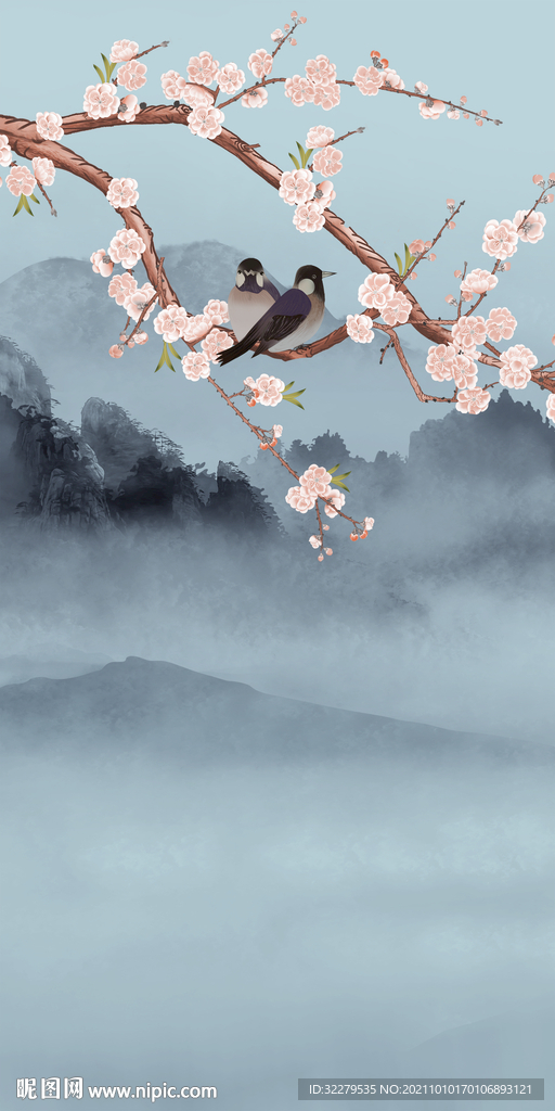 花鸟简约山水玄关 文件分层画
