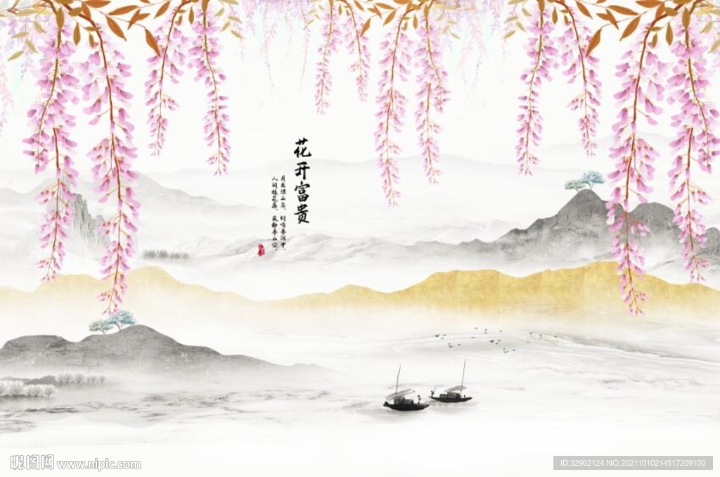 中式花开富贵背景墙