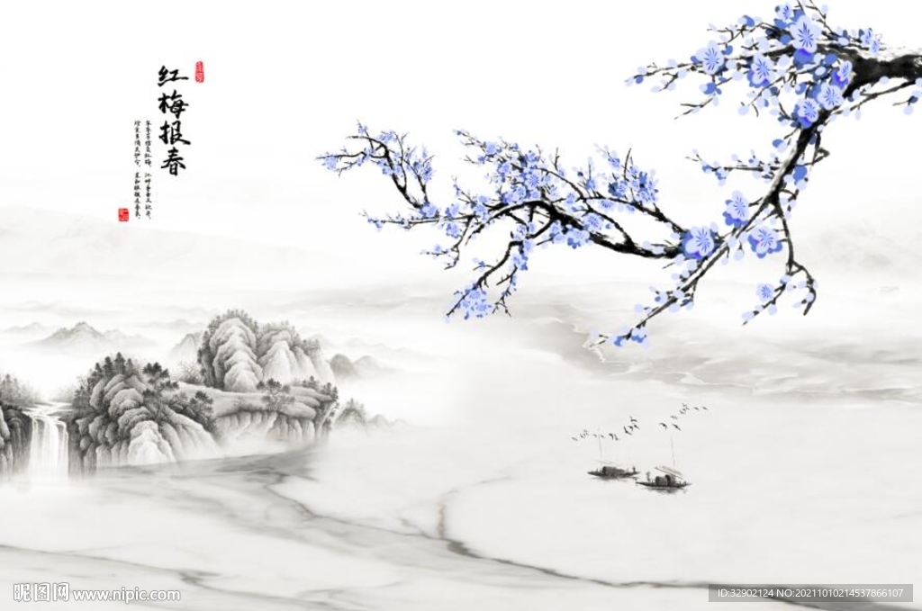 中式水墨梅花背景墙