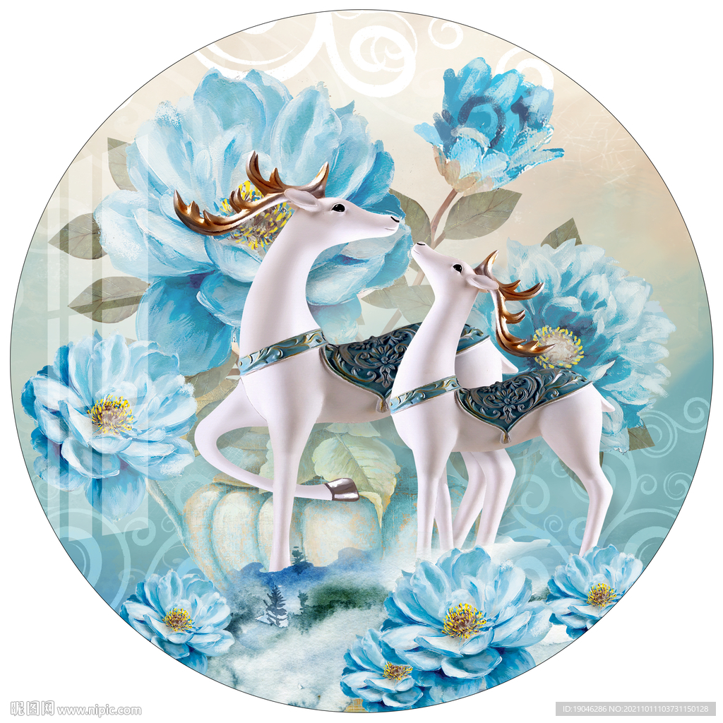 欧式花卉麋鹿圆形装饰画