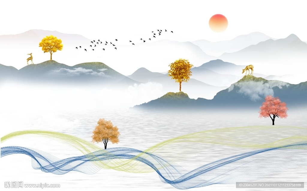 新中式简约山水背景墙