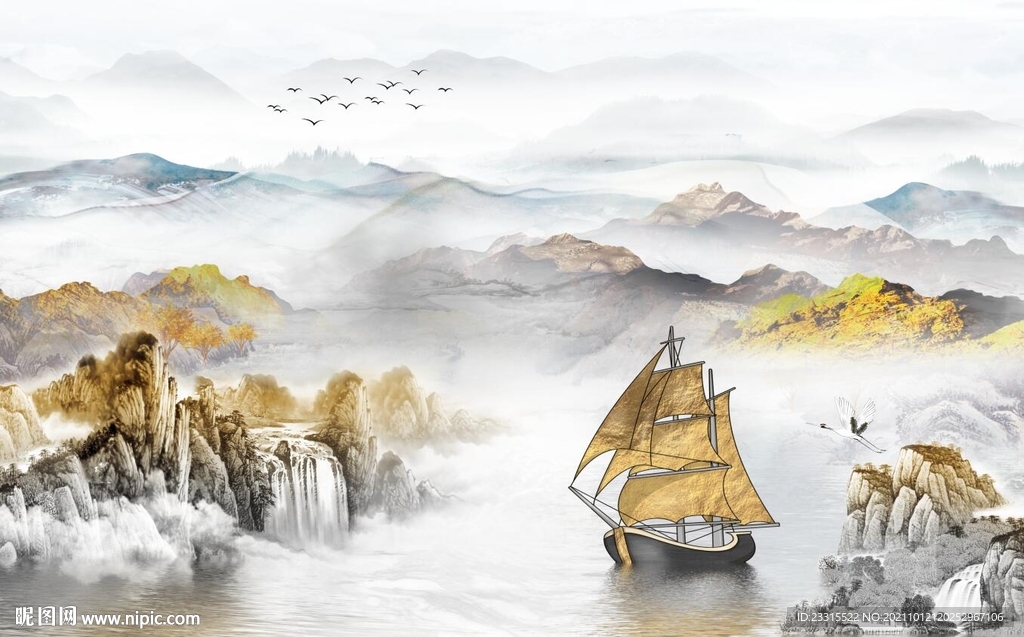 一帆风顺新中式背景墙