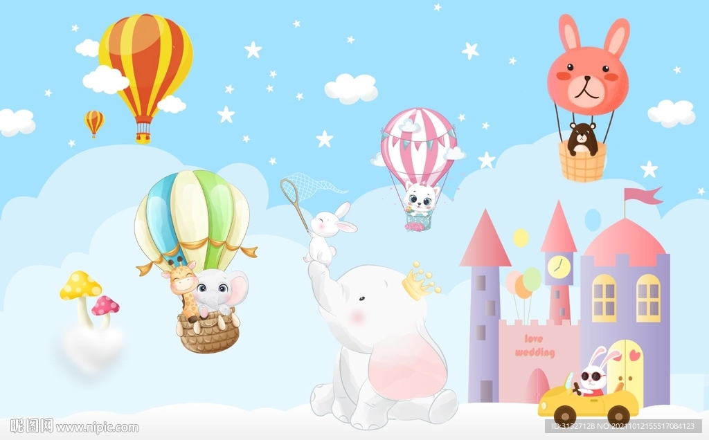 儿童热气球背景墙图片