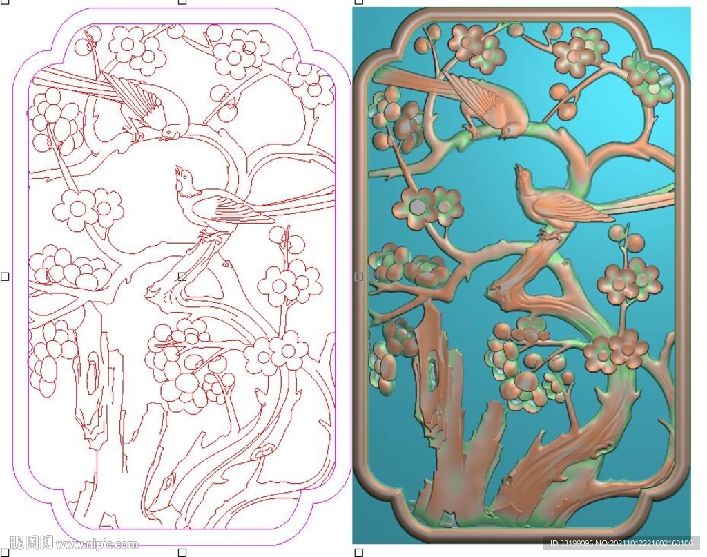 喜鹊登梅镂空梅花鸟花格浮雕精雕