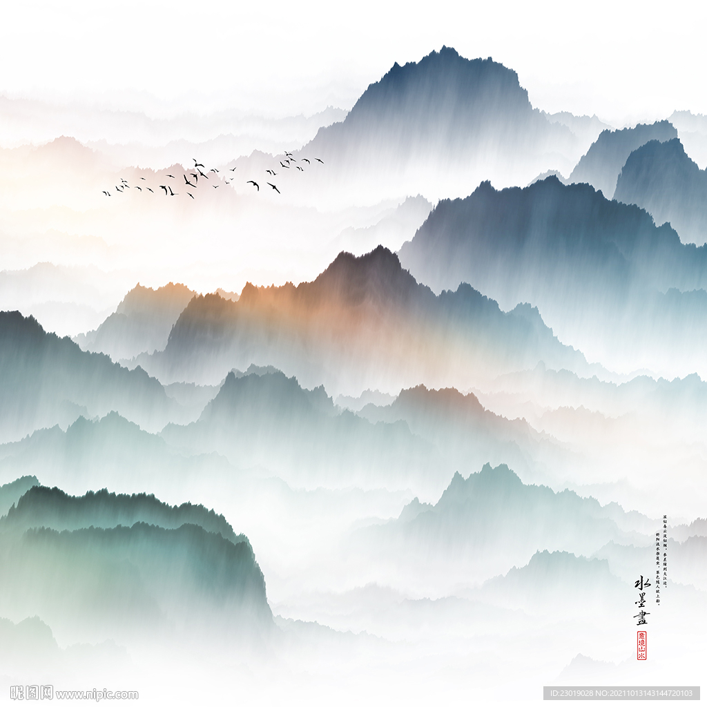 方形新中式山水画