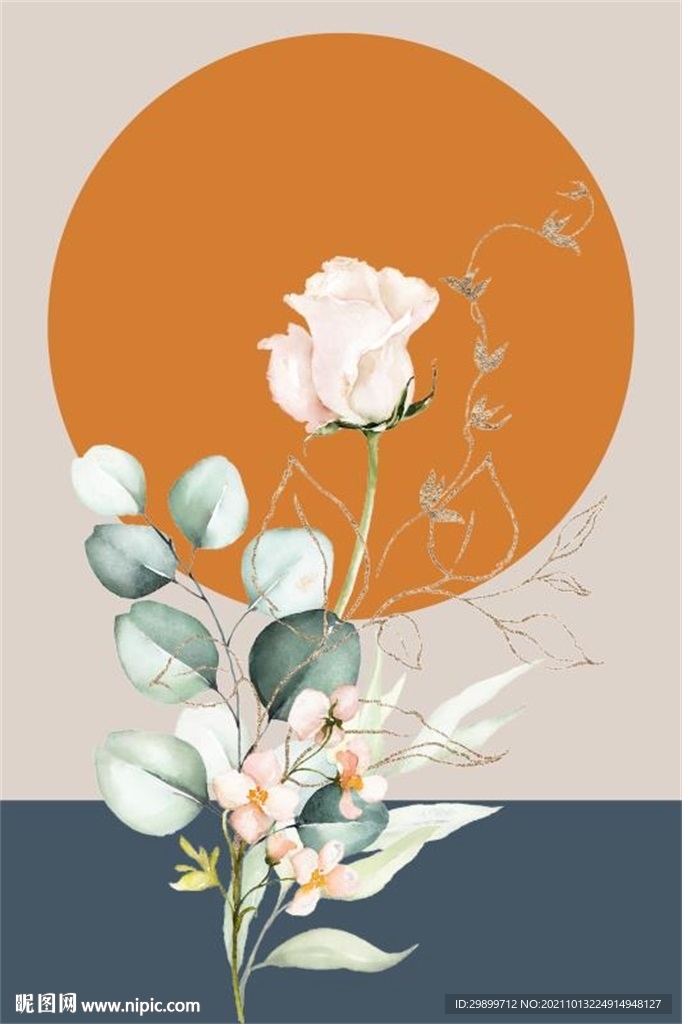 几何图形莫兰迪色花朵叶子装饰画