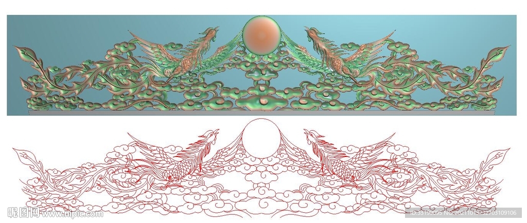 凤凰祥云背板双凤靠背精雕浮雕