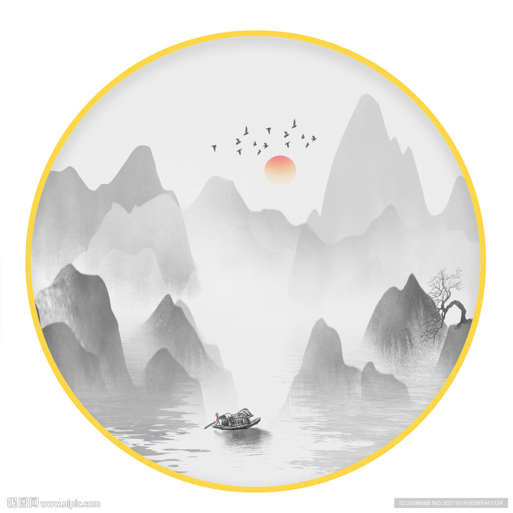 圆形画 中式山水画