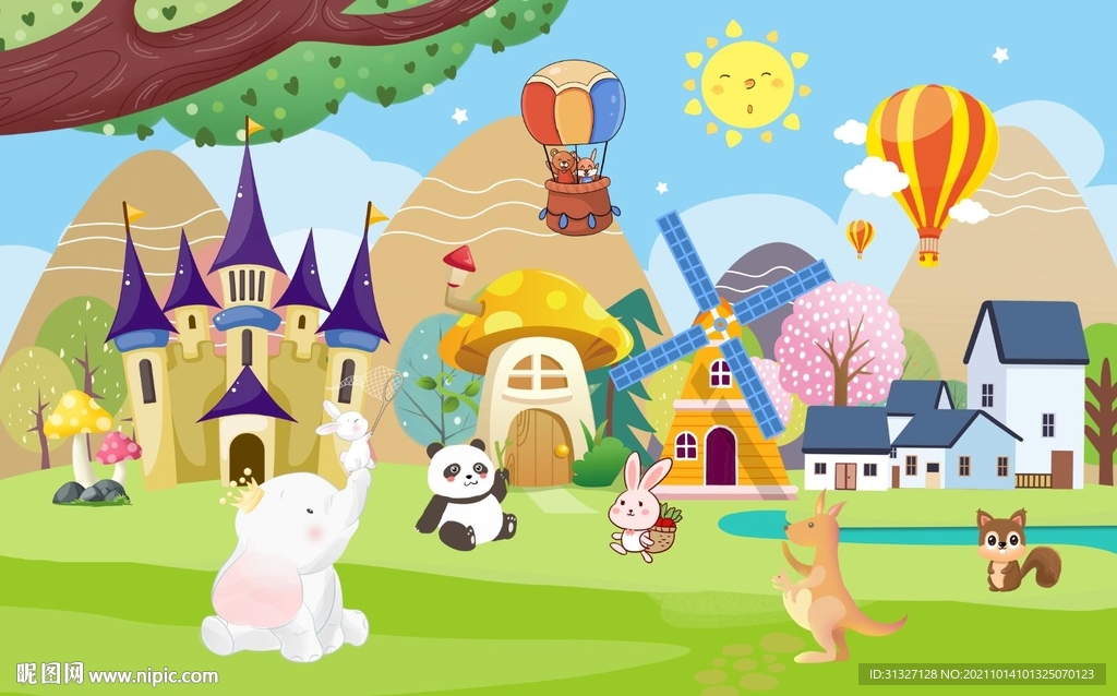 儿童房热气球树林背景图