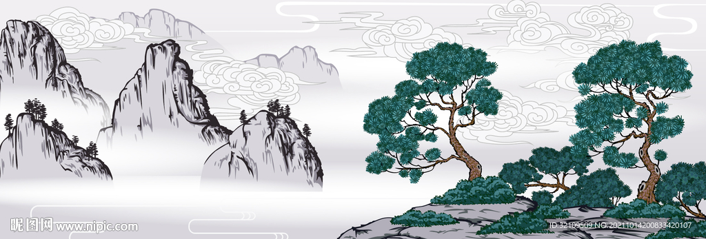 水墨风山水画迎客松树