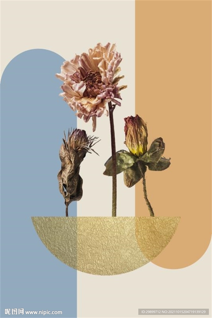 几何半圆金箔三朵花卉装饰画