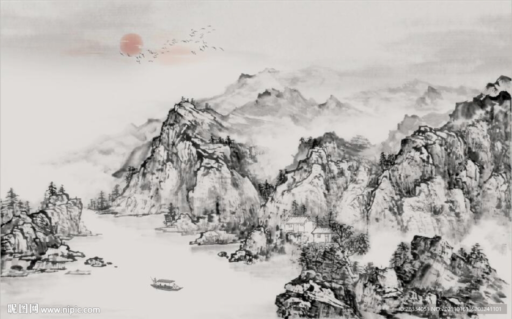 中式水墨山水国画电视背景墙
