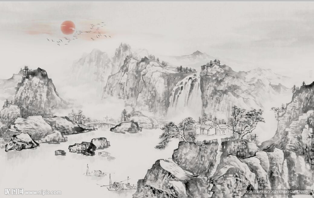 中式水墨山水国画电视背景墙