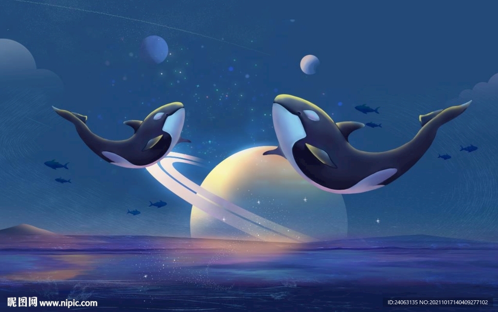星球鲸鱼手绘壁画