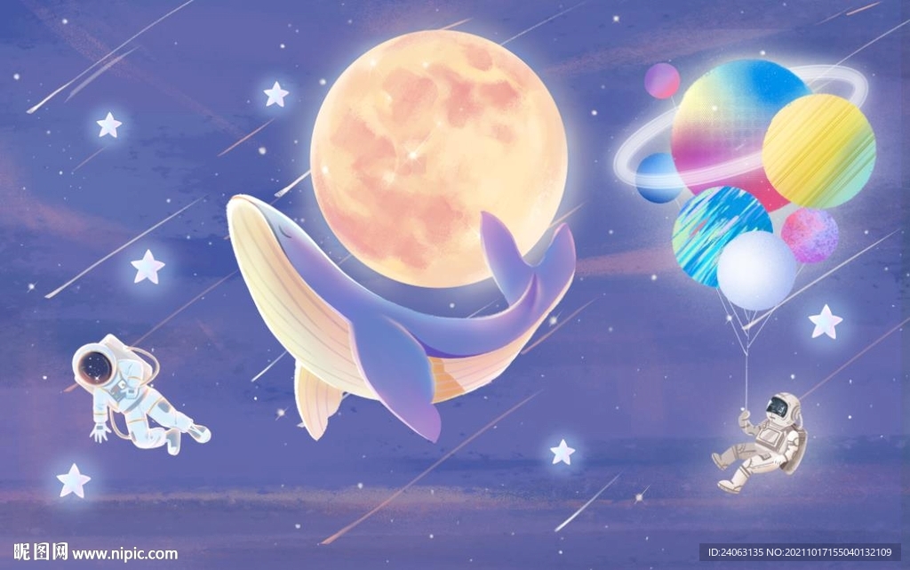 月球航天手绘壁画