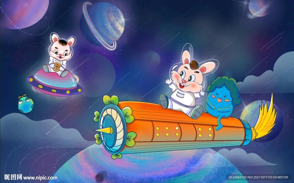 可爱兔子宇航员壁画