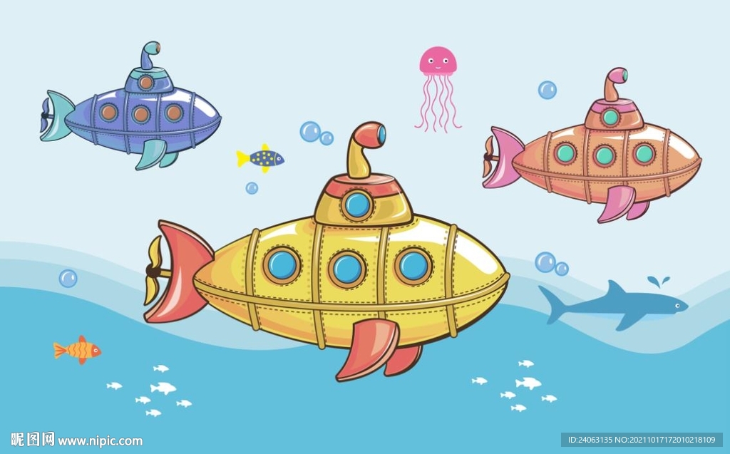 手绘卡通潜艇海底世界儿童房壁画