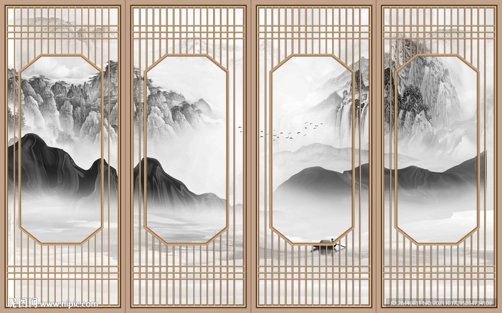 新中式背景墙壁画