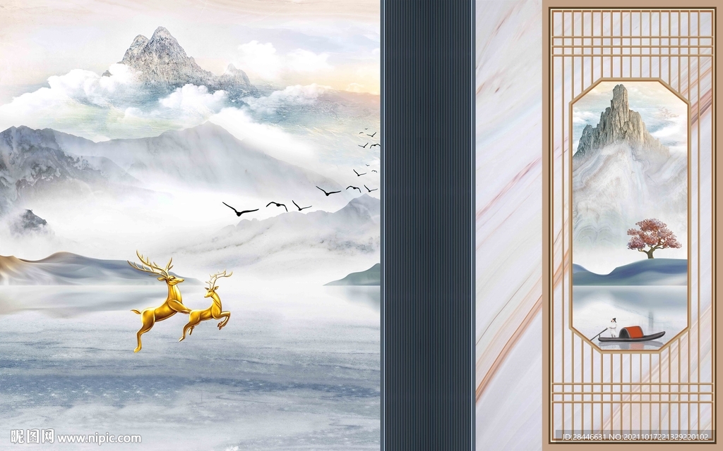 新中式背景墙壁画