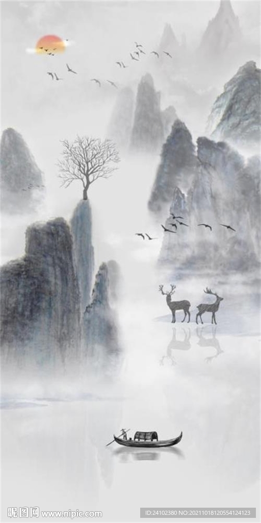 新中式黑白水墨麋鹿山水意境玄关