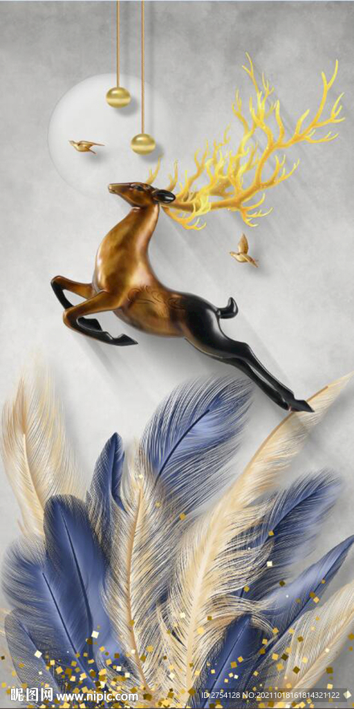 装饰画 羽毛 麋鹿