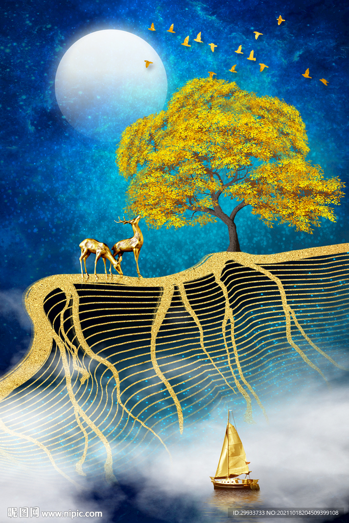 新中式轻奢发财树发财鹿装饰画