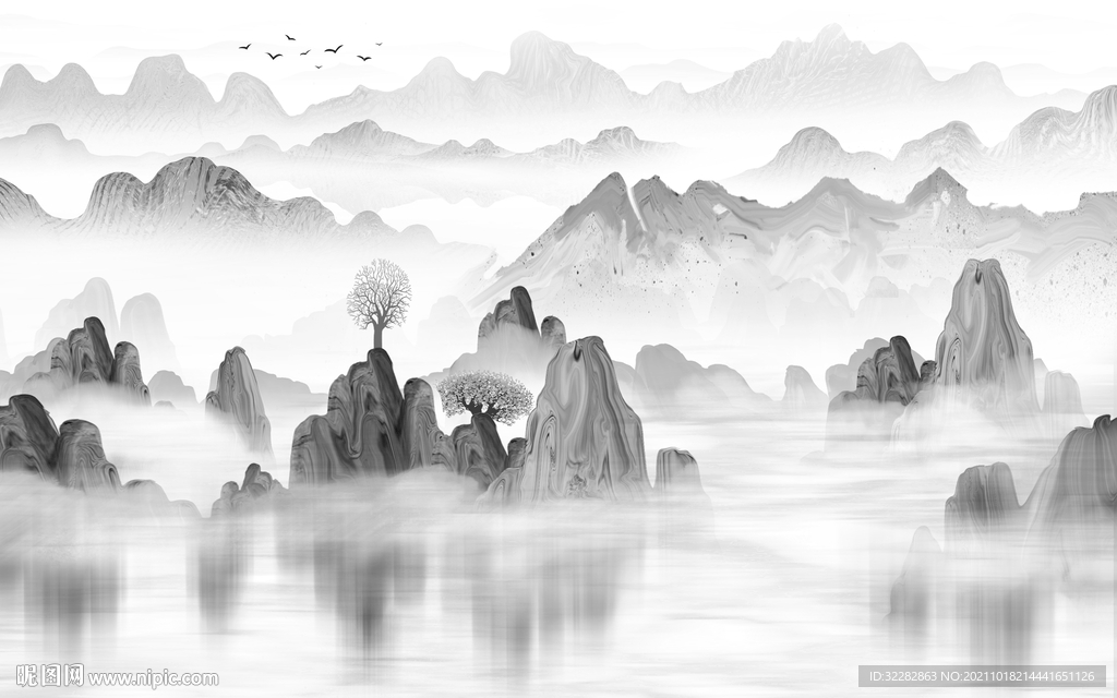 客厅 意境灰色山水 TIF分层