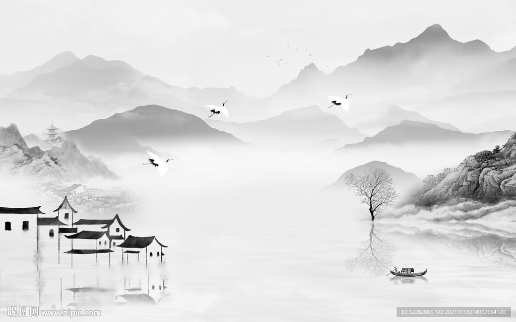 江南灰色山水图 TIF分层画