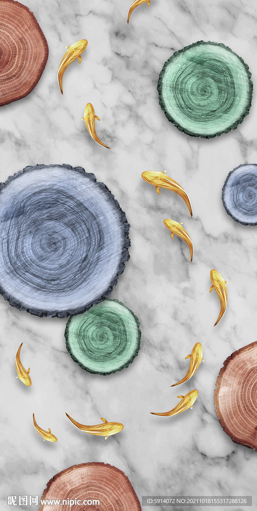 装饰画 树轮 鱼 圆