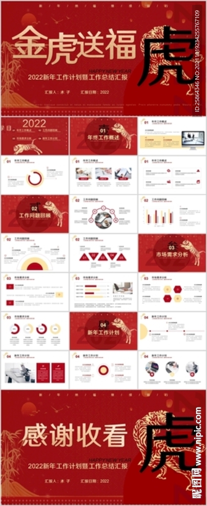  红色中国风虎年工作总结PPT
