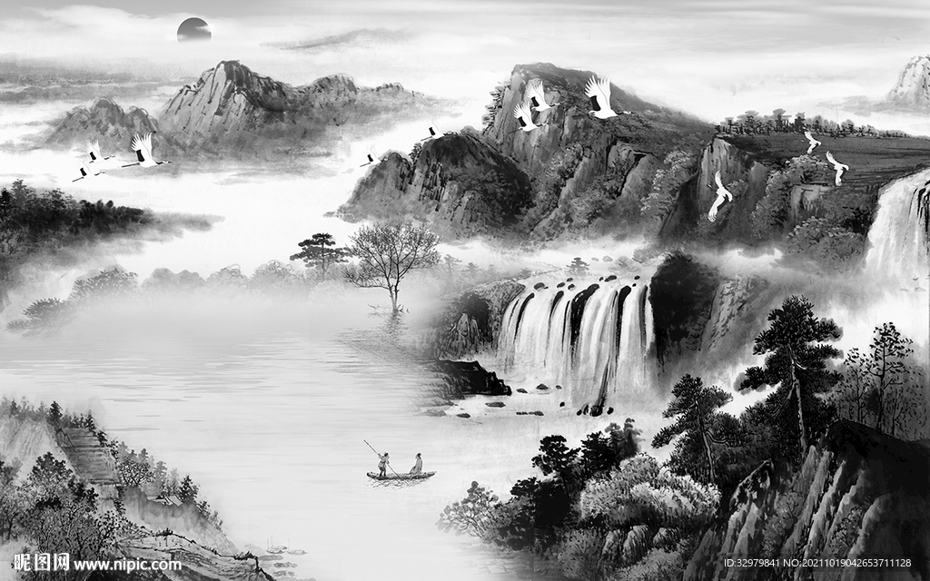 中式灰色简约山水 文件分层 