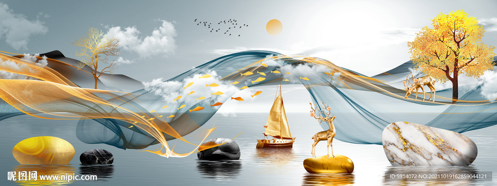 装饰画 晶瓷画 麋鹿 石头