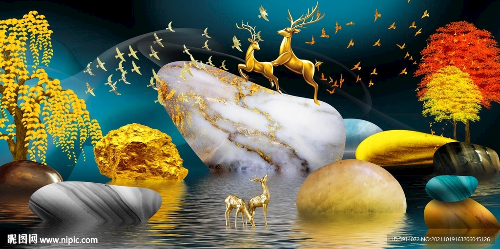 装饰画 晶瓷画 麋鹿 石头