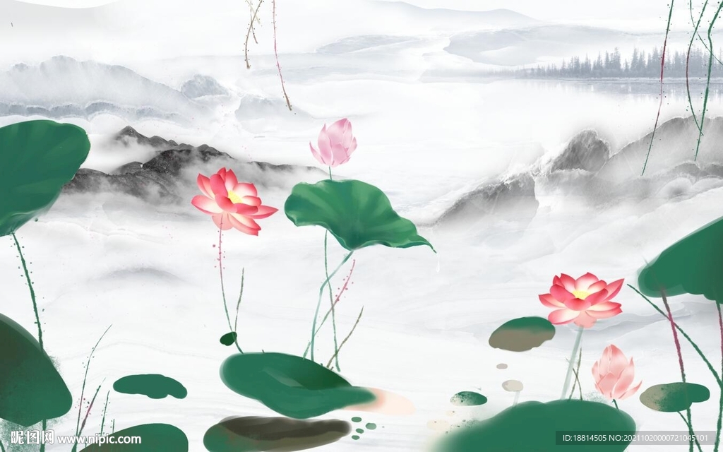 荷花新中式背景墙