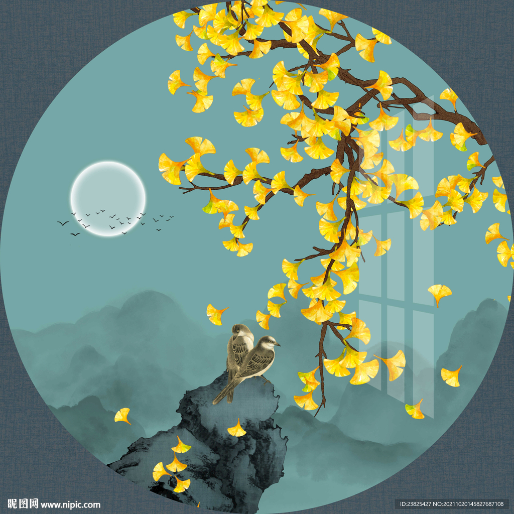 新中式手绘银杏树花鸟装饰画
