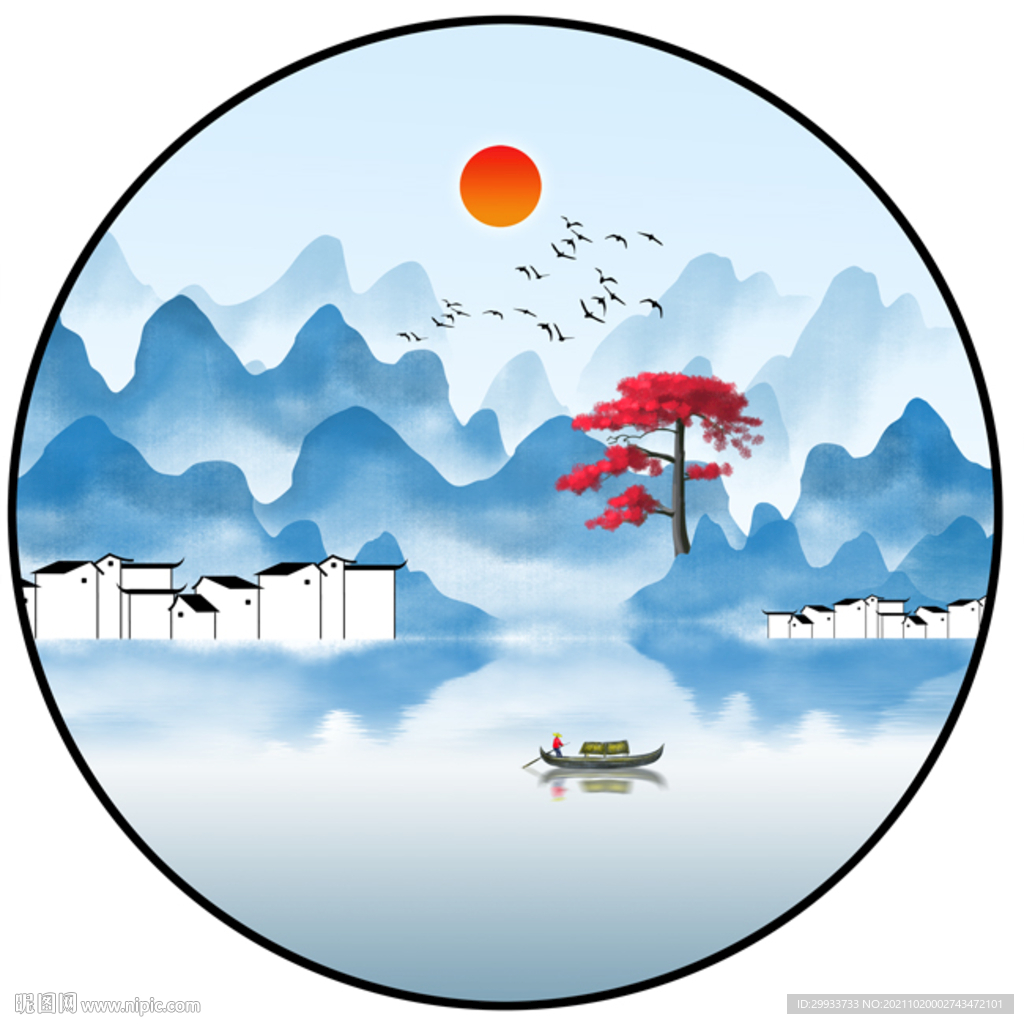 中式意境徽派山水圆形装饰画