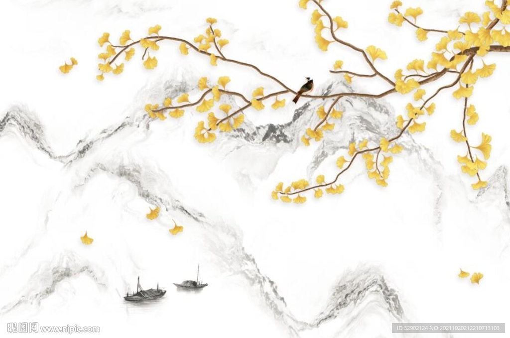 银杏花鸟背景墙