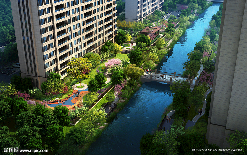 住宅河道景观局部小鸟瞰效果图