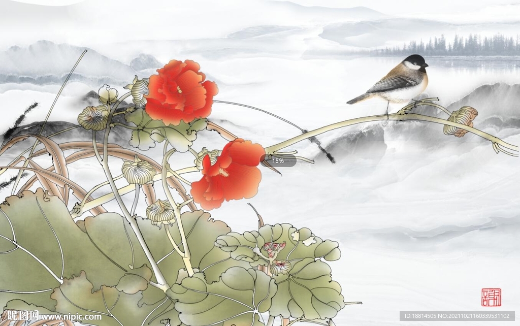 荷花简约新中式背景墙