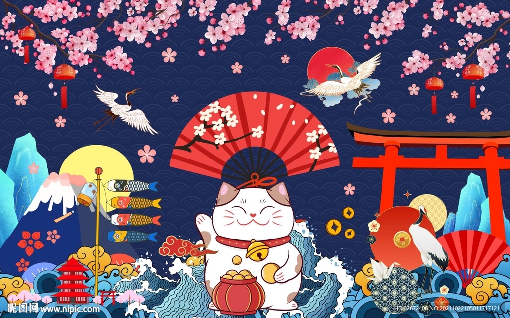 国潮樱花招财猫工装背景墙图片