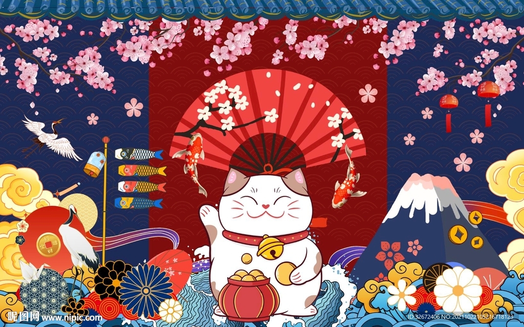日式和风招财猫工装背景墙图片