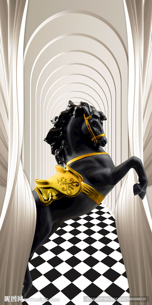 黑色骏马白纱立体玄关装饰画