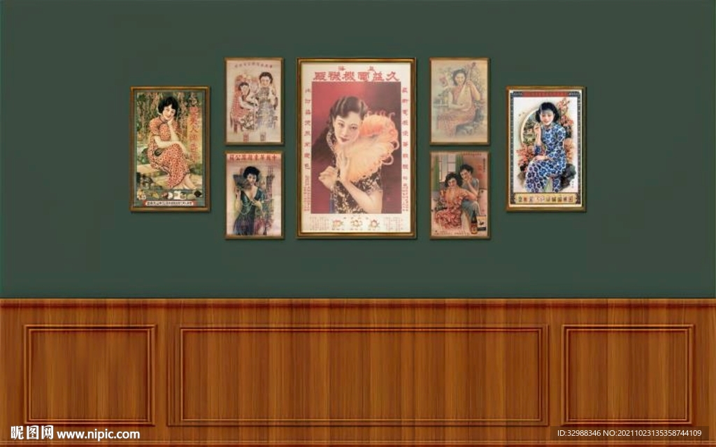 复古旧上海美女工装背景墙图片