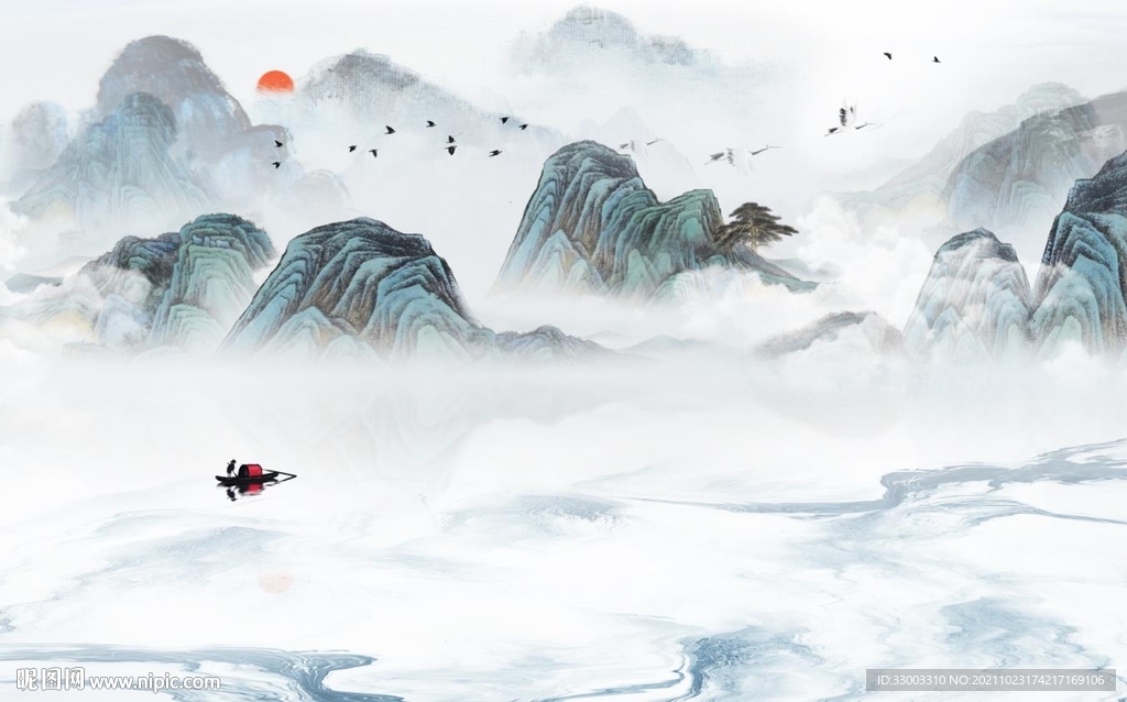 江山如画新中式山水背景墙