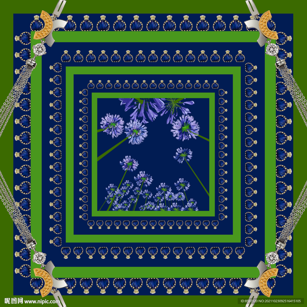 复古蓝色香水瓶丝巾图案设计