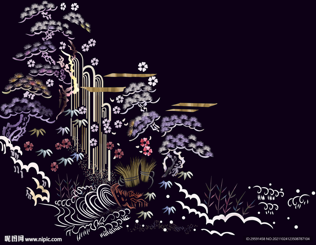 手绘松柏背景墙