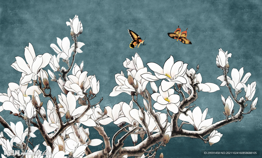 手绘玉兰花鸟图