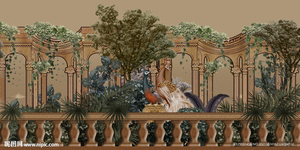 手绘庭院孔雀背景墙